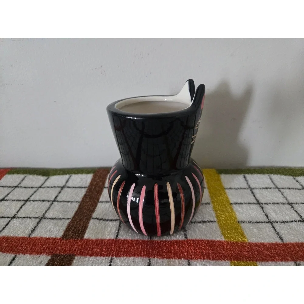 Black Cat Ceramic Bud Vase Striped Hand Painted Decorative Figurine 4 inch